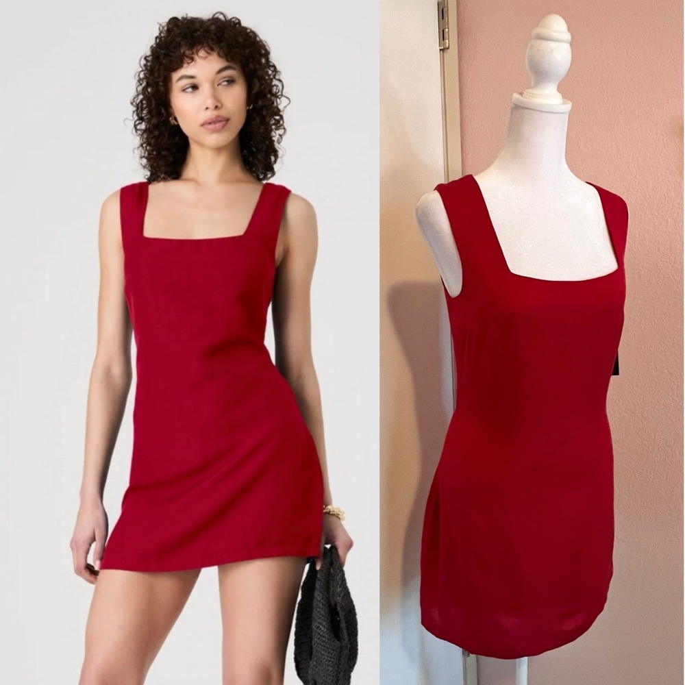 Birdie Linen Square Neck Mini Dress in Brick Red by French Connection